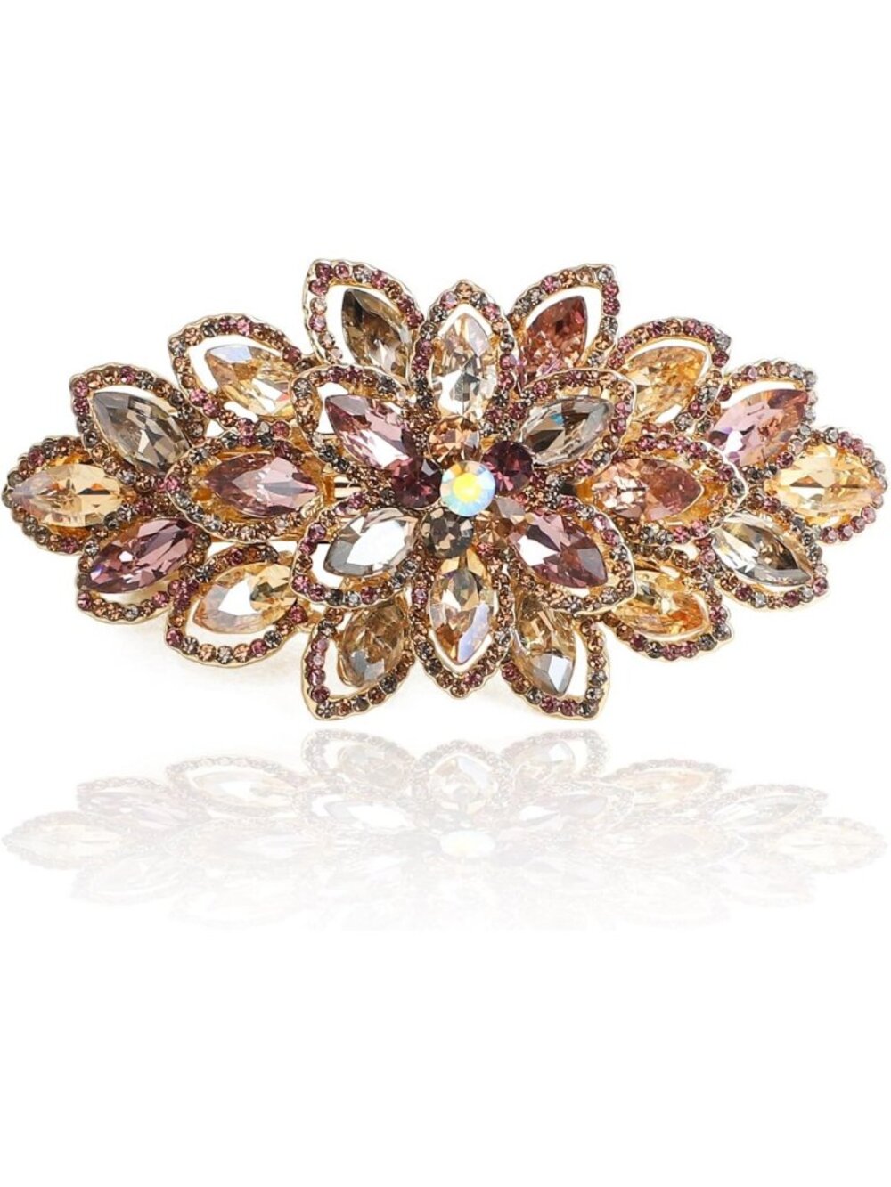 Large Colorful Rhinestone Hair Barrette - Sparkly Gold-Plated Hair Accessory
